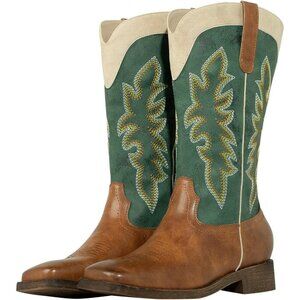 Green Square Toe Wide Calf Cowgirl Boots Ladies Western Boots For Women